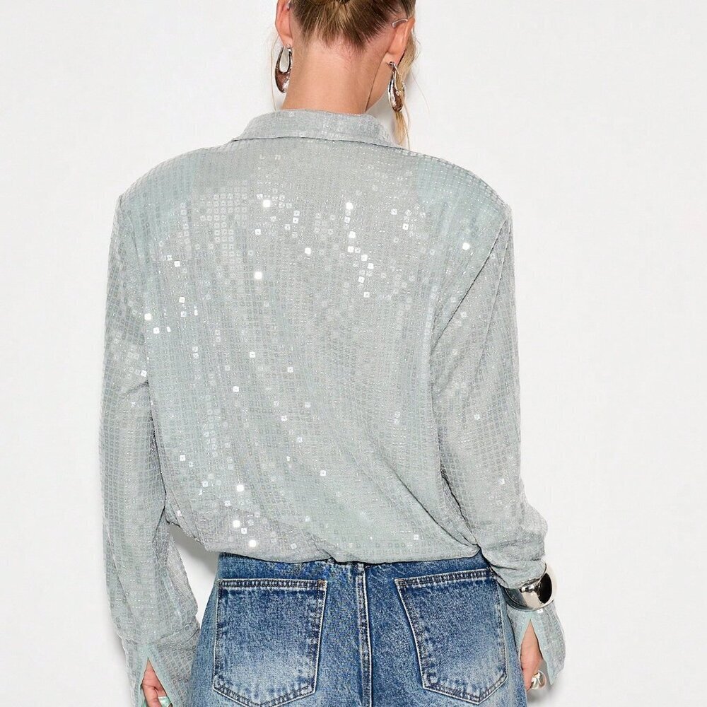 Dusty Blue Casual Women's Metallic Sequin Long Sleeve Evening Plunge Bodysuit - Picture 2 of 5